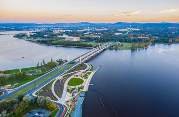 Aerial view of Commonwealth Bridge on Lake Burley Griffin in the late afternoon in Canberra, the...