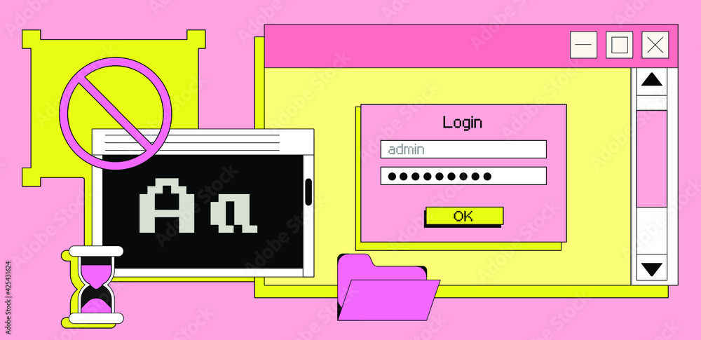 Poster set of flat retrowave ui and ux elements: dialog box, tab, button, modal window.