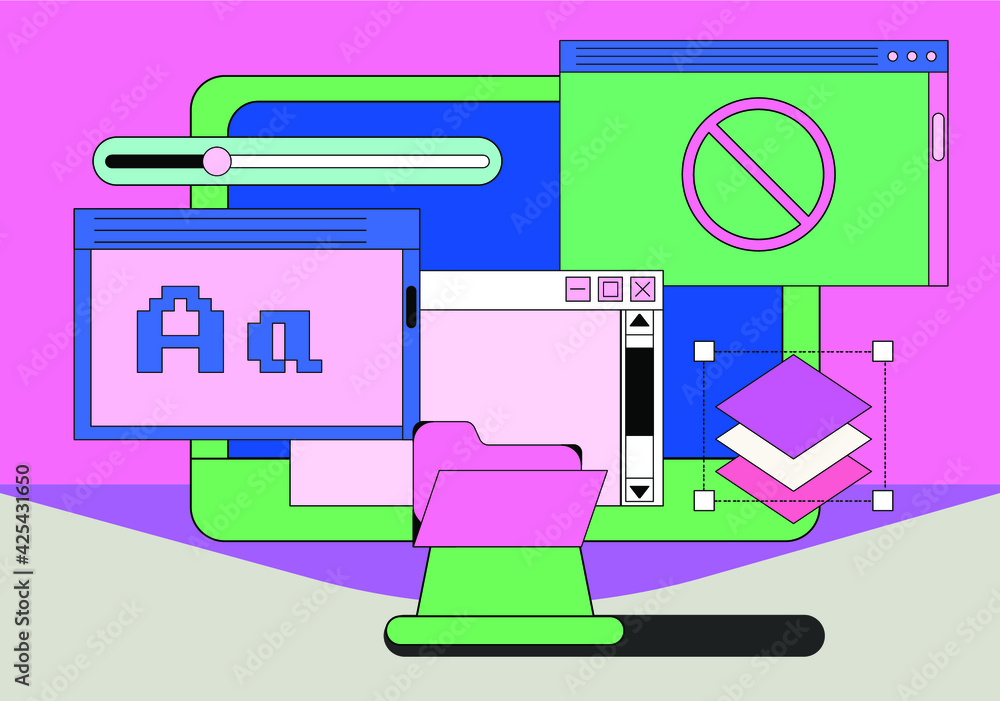 Aufkleber Computer screen with programs and applications. Conceptual flat vector illustration of home office, UI and UX design and programming.