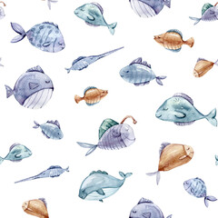 Watercolor hand painted sea life illustration. Seamless pattern on white background. Whale, fish, wave clipart. Perfect for textile design, fabric, wrapping paper, scrapbooking	