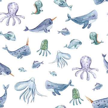 Watercolor hand painted sea life illustration. Seamless pattern on white background. Whale, fish, narwhal, octopus clipart. Perfect for textile design, fabric, wrapping paper, scrapbooking	