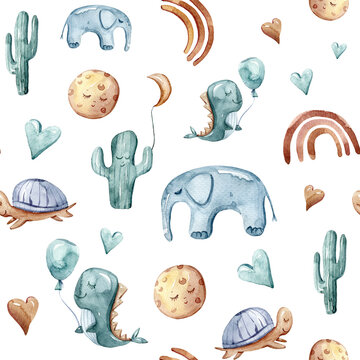 Watercolor hand painted nursery illustration. Seamless pattern on white background. Rainbow, balloons, elephant, cactus clipart. Perfect for textile design, fabric, wrapping paper, scrapbooking	