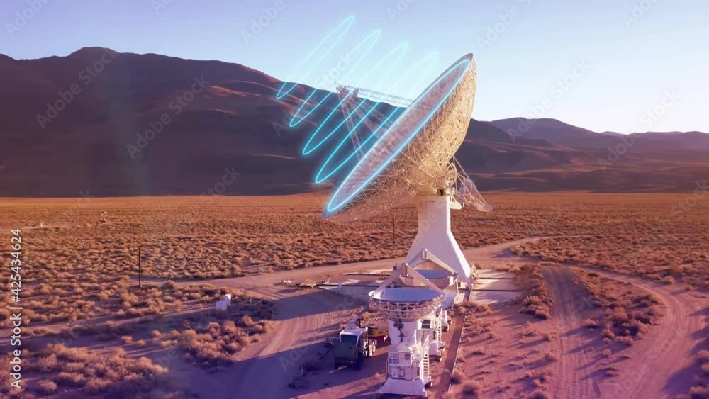 Poster satellite arrays, sending radio waves to space, sunset - 3d render animation