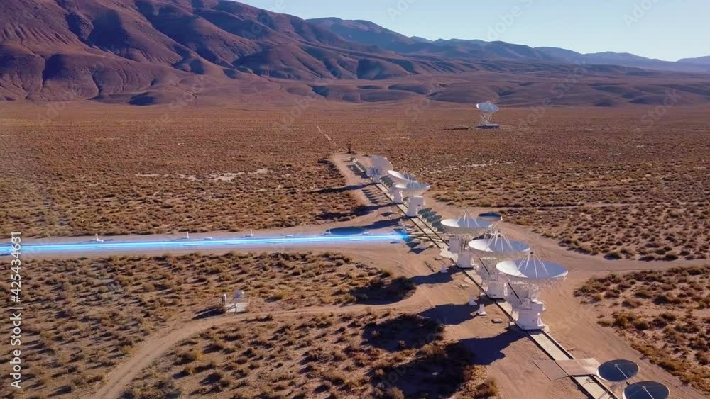 Poster space telescope arrays, beaming signals to 5g satellites - 3d graphics animation