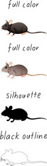 Set of mouse in color, silhouette and black outline on white background