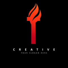 Letter T Logo Design With Fire Flames Vector Illustration