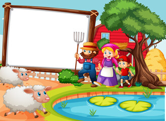 Blank banner in farm scene with happy family and many sheeps