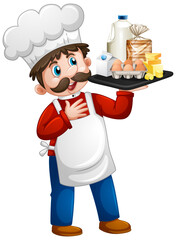 Chef man holding food ingredients on a tray cartoon character isolated on white background