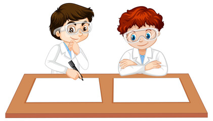 Two boys wearing scientist gown with empty paper on the table