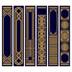 Set of Vertical ornaments for spines of books Samples patterns of roots of the book. Luxury gold on blue. - obrazy, fototapety, plakaty
