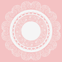Openwork white napkin with Paisley pattern. Lace frame round element on pink background.