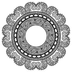Openwork black napkin frame with Paisley pattern. Lace round element on white background. Whimsical oriental ornament.