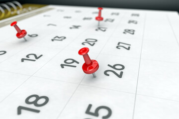 3d rendering of important days concept. Day 15 of month. Date written and pinned on a calendar. Month, day of the year. Remind you an important event or possibility.