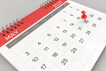 3d rendering of important days concept. May 22nd. Day 22 of month. Red date written and pinned on a calendar. Spring month, day of the year. Remind you an important event or possibility.