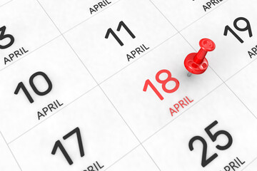 3d rendering of important days concept. April 18th. Day 18 of month. Red date written and pinned on a calendar. Spring month, day of the year. Remind you an important event or possibility.