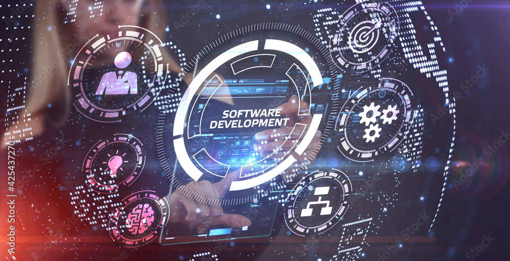 Wall mural inscription software development on the virtual display. business, modern technology, internet and n