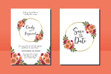 Wedding invitation frame set, floral watercolor hand drawn Zinnia and Pansy Flower design Invitation Card Template