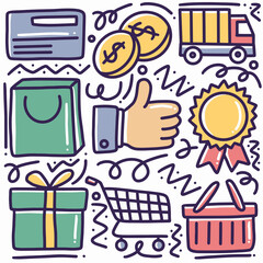 doodle set of hand drawn delivery and shipping online shopping