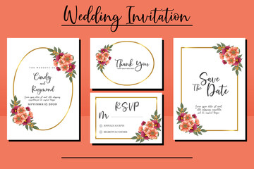 Wedding invitation frame set, floral watercolor hand drawn Zinnia and Pansy Flower design Invitation Card Template