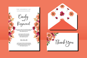 Wedding invitation frame set, floral watercolor hand drawn Zinnia and Pansy Flower design Invitation Card Template