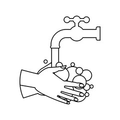 hand hygiene, linear icon man washes his hands with soap, water runs from the tap to human palms, wash your hands to protect against the virus