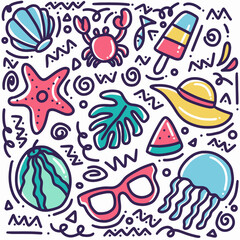hand drawn summer beach doodle set