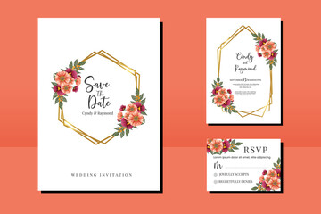 Wedding invitation frame set, floral watercolor hand drawn Zinnia and Pansy Flower design Invitation Card Template