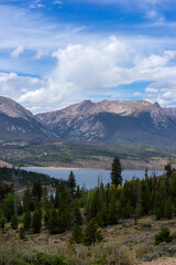 View of Lake Dillon, forest and mountains in late summer/early fall from hillside. Summit County Colorado USA.