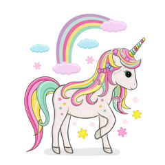 Isolated vector illustration of a fabulous unicorn, rainbow and clouds on a white background.