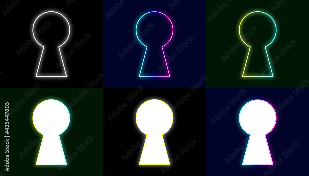 Poster set of keyhole neon style. minimal flat line keyhole icon isolated on dark background.