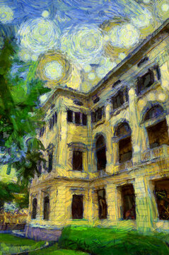 Ancient yellow building european architecture Illustrations creates an impressionist style of painting.