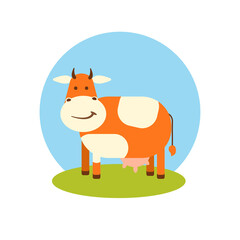 Cow on the lawn against the sky in flat style. Icon. Vector illustration