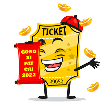 vector illustration of ticket mascot or character holding red scroll and says happy chinese new year 2021