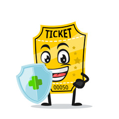vector illustration of ticket mascot or character holding shield for protection