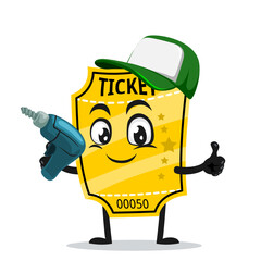 vector illustration of ticket mascot or character holding hand drill