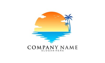 Sea and coconut tree beautiful vector logo