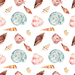 Seamless pattern with watercolor illustrations of different colorful shells. 