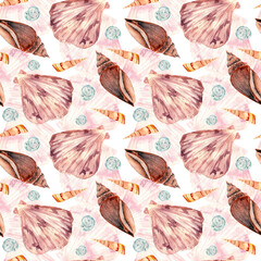 Seamless watercolor pattern with shells illustrations. For fabric, decor, design. 