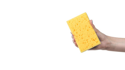 Female hand with foam sponge isolated on white background.