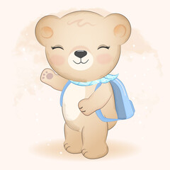 Cute teddy bear and backpack hand drawn illustration
