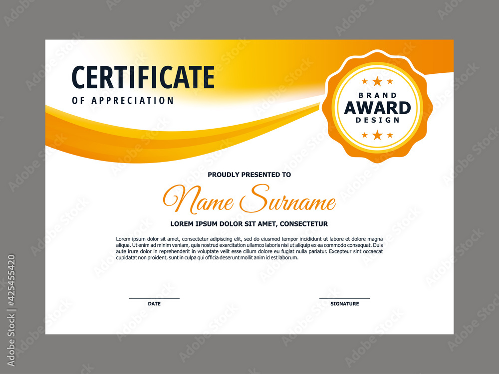Poster abstract smooth certificate with orange wavy element design, professional, modern, elegant certifica