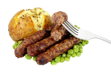 Aberdeen Angus beef sausages and baked potato meal with peas isolated on a white background