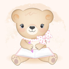 Cute little bear and book hand drawn illustration