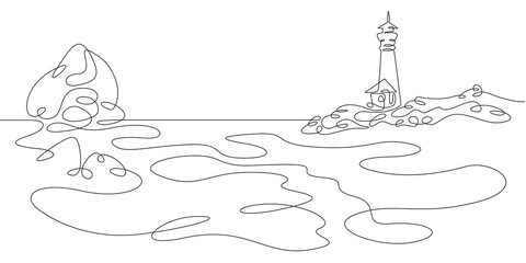 Lighthouse on the rocky shore of the sea bay.