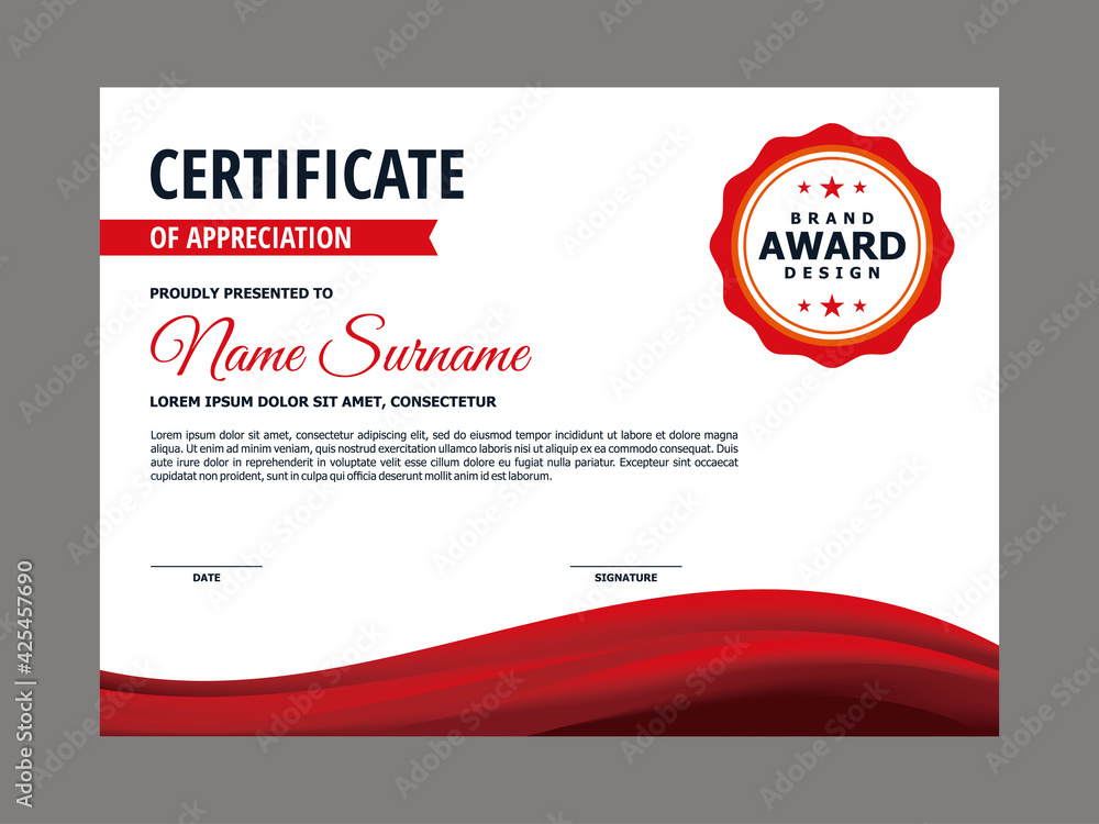 Poster abstract smooth certificate with elegant red wavy element design, professional, modern, elegant cert