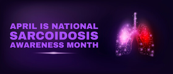 Lungs. April is national sarcoidosis awareness month. Banner template with glowing low poly lungs. Modern abstract dark background. Vector illustration.