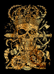 Black and gold illustration of scary skull wearing crown, with sword, banner and steampunk wheel and cogs.