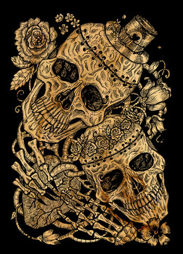 Black and gold  illustration with two skulls of lovers holding heart, decorated with flowers.