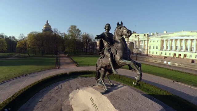 Aerial view. Bronze Horseman, a monument to Peter I in St. Petersburg. 4K.
