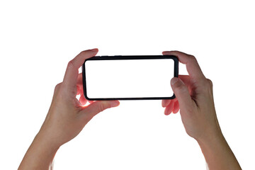 Female hands holding a smartphone and taking photo, isolated on a white background